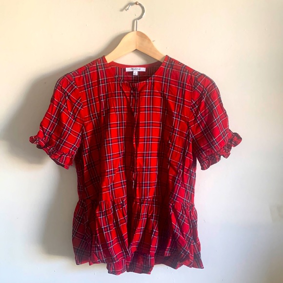 Madewell red checked button down blouse size xs - Picture 1 of 3